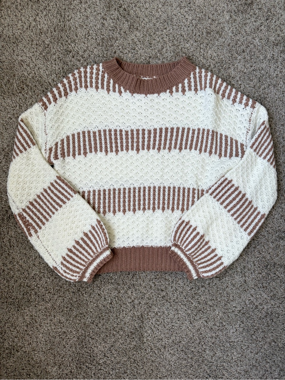 Striped Cream and Brown Scoop Neck Knit Sweater